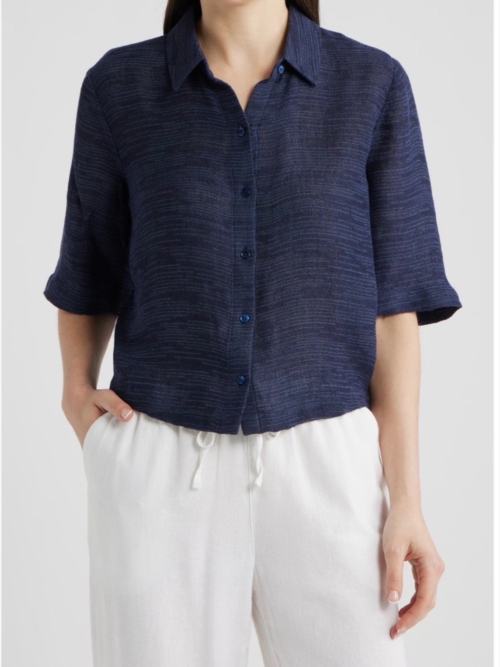 Eileen Fisher Women's Navy Button-Front Short-Sleeve Shirt